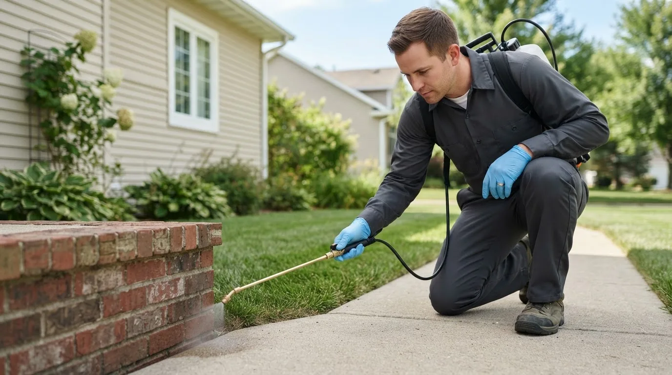 Pest control technician treating a home near Dallas, PA